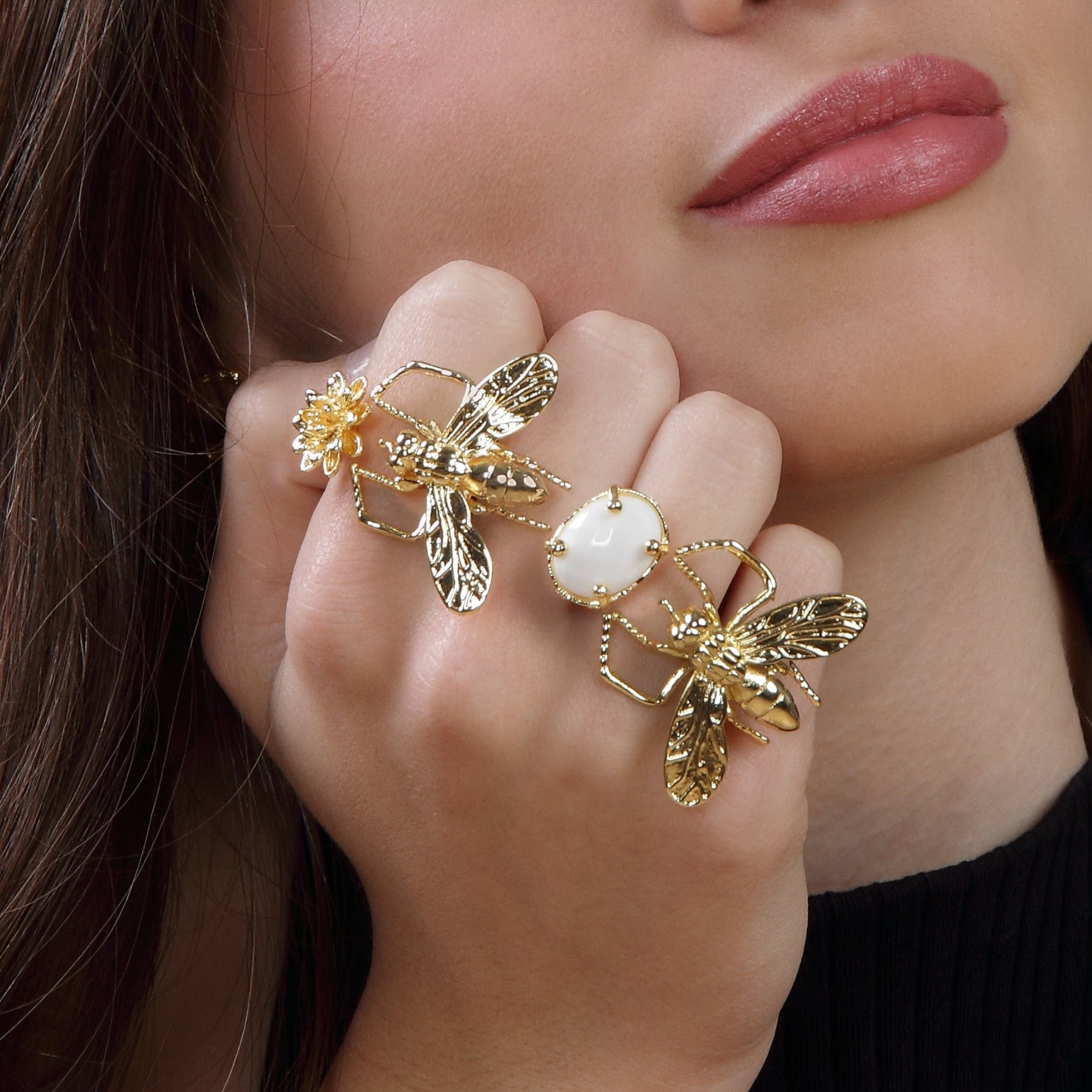 Honey & Mini Flower Ring in gold-plated brass