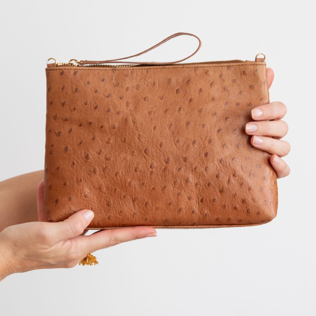 MEDIUM-SIZED HANDBAG IN BRANDED OSTRICH LEATHER