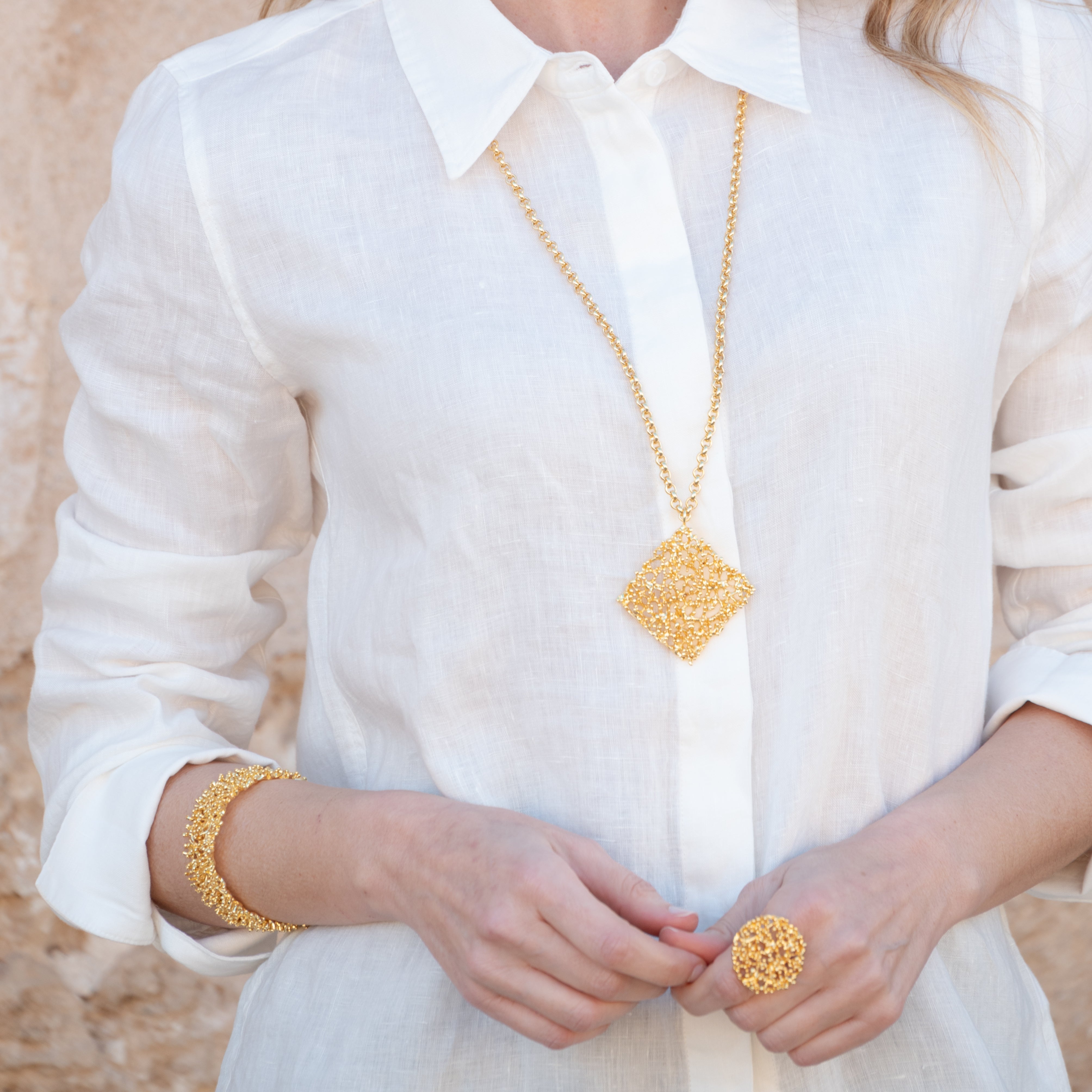 Coral necklace, gold plated, long gold chain