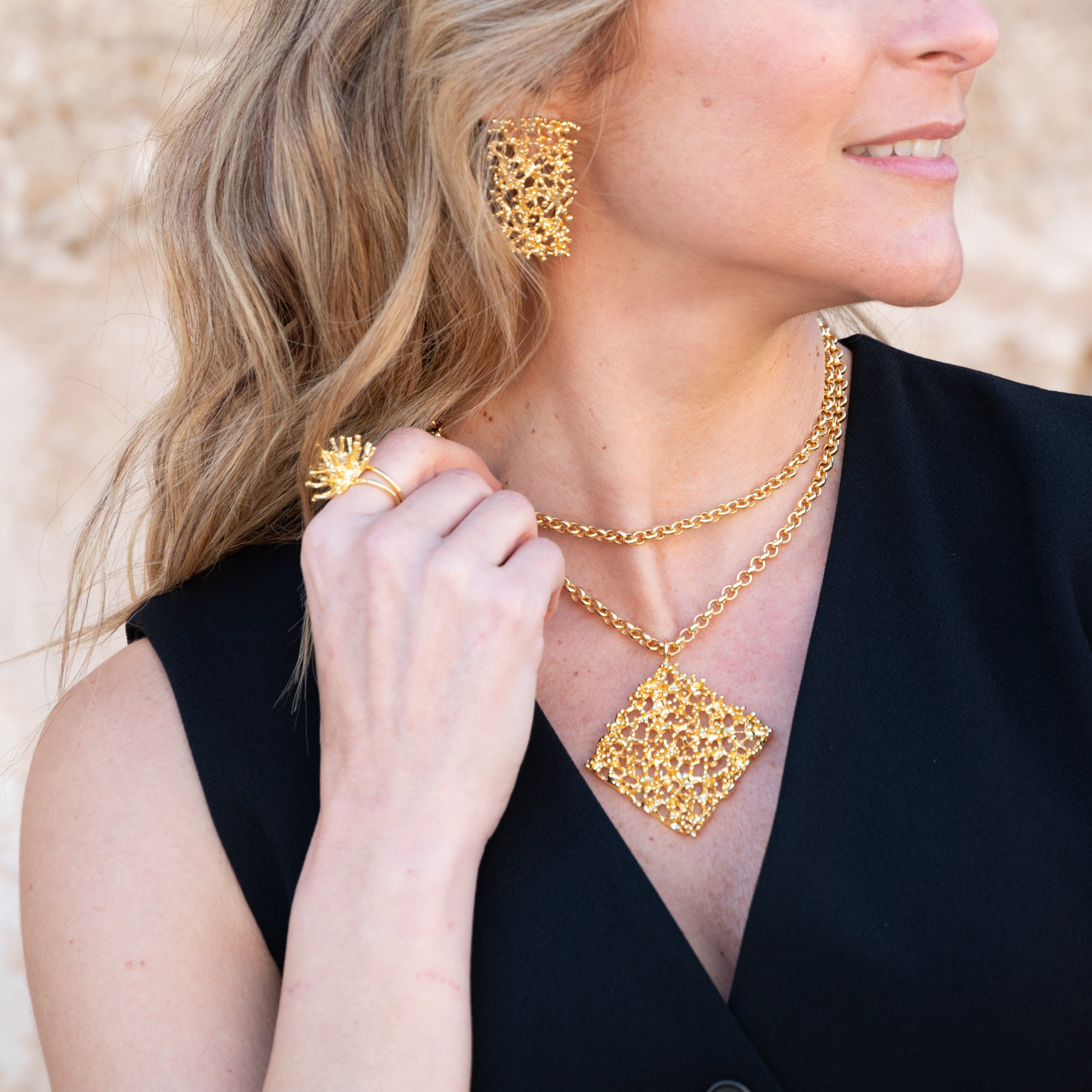 Coral necklace, gold plated, long gold chain