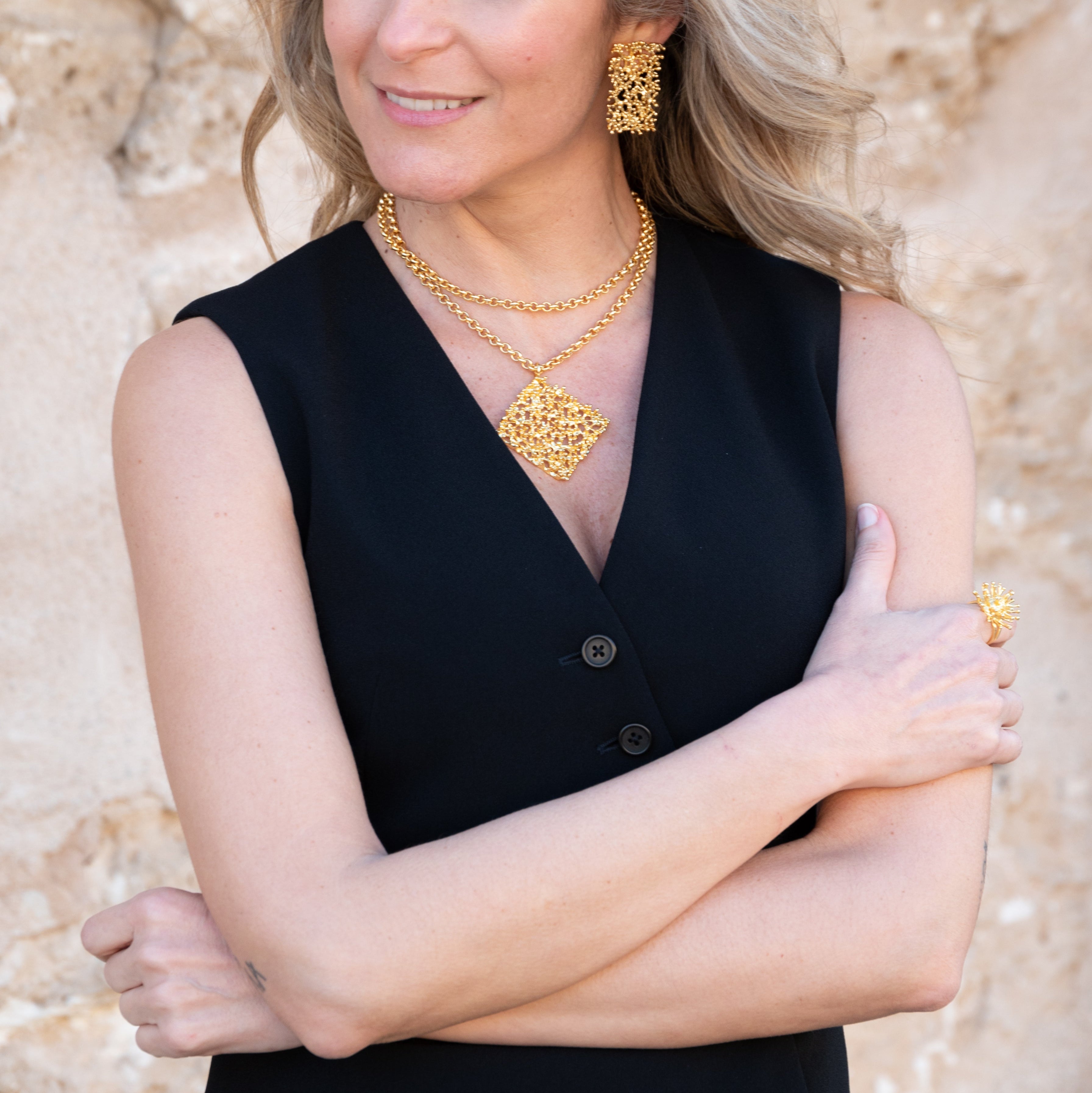 Coral necklace, gold plated, long gold chain