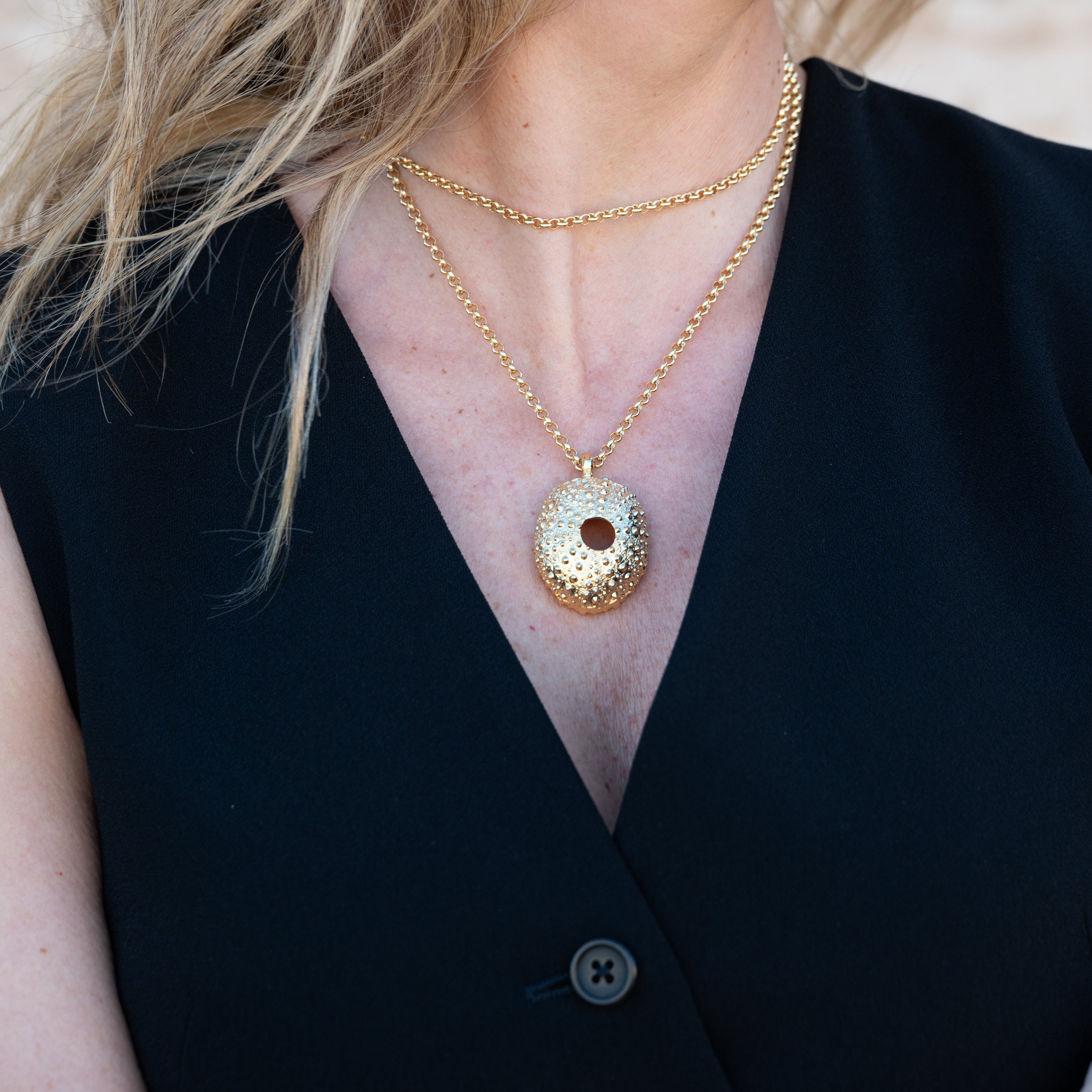 Medium hedgehog necklace, long chain, gold flash plated