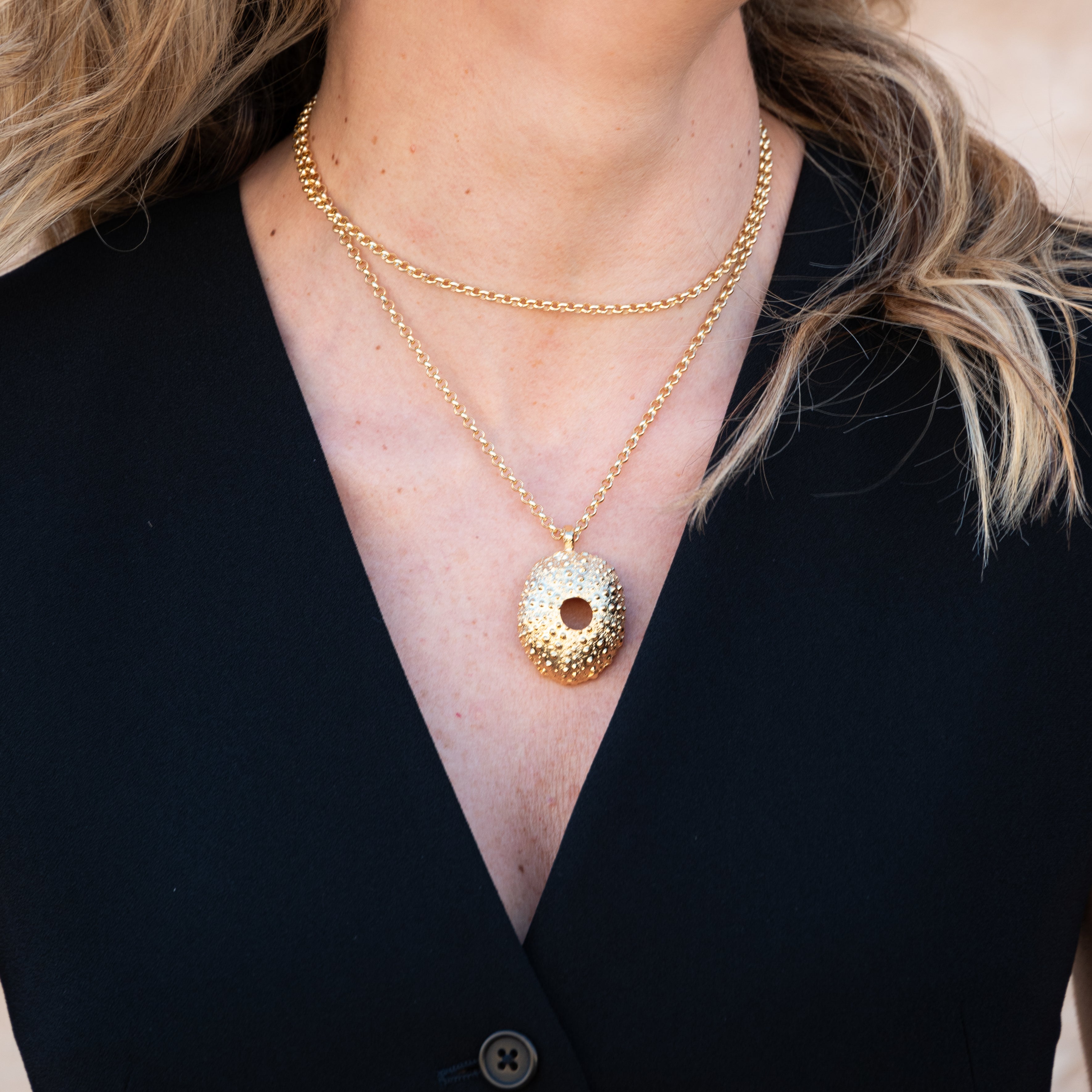 Medium hedgehog necklace, long chain, gold flash plated